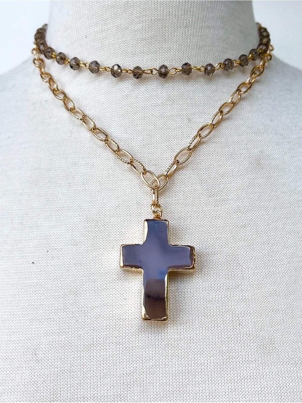 Eve Short Gold-Tone Smokey Stone Cross Pendant Layered Necklace